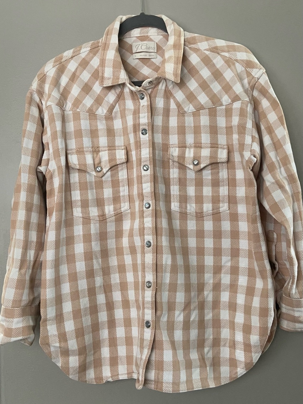 J. Crew Thick Flannel Tan and White Plaid Button-Down Shirt